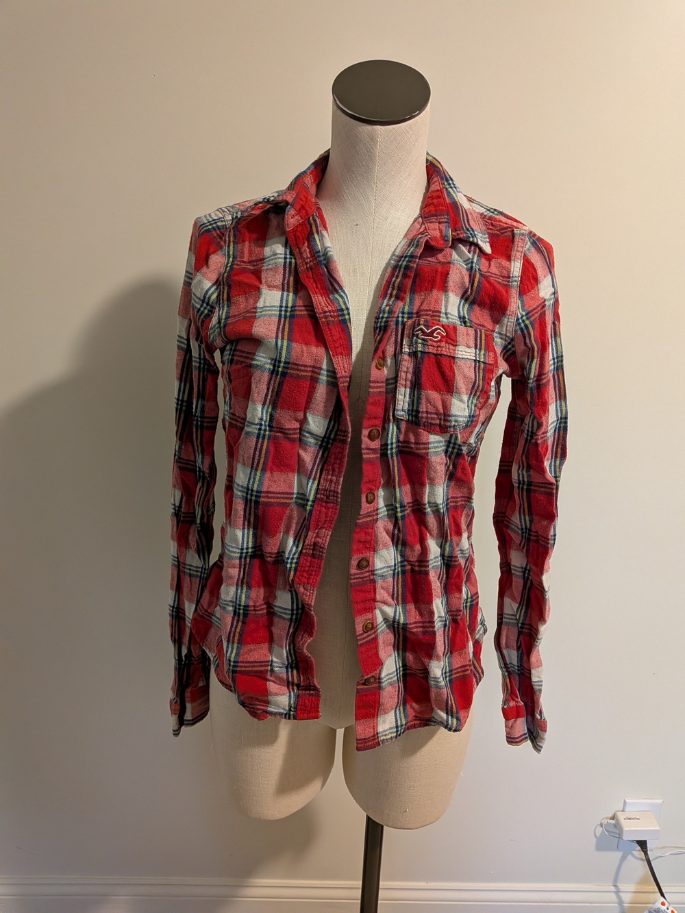 Hollister Red Plaid Button Down Shirt with Blue and White Accents